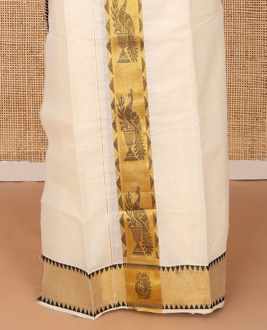Cream thread buttas Kerala mundu set, zari peacock motifs printed temple border