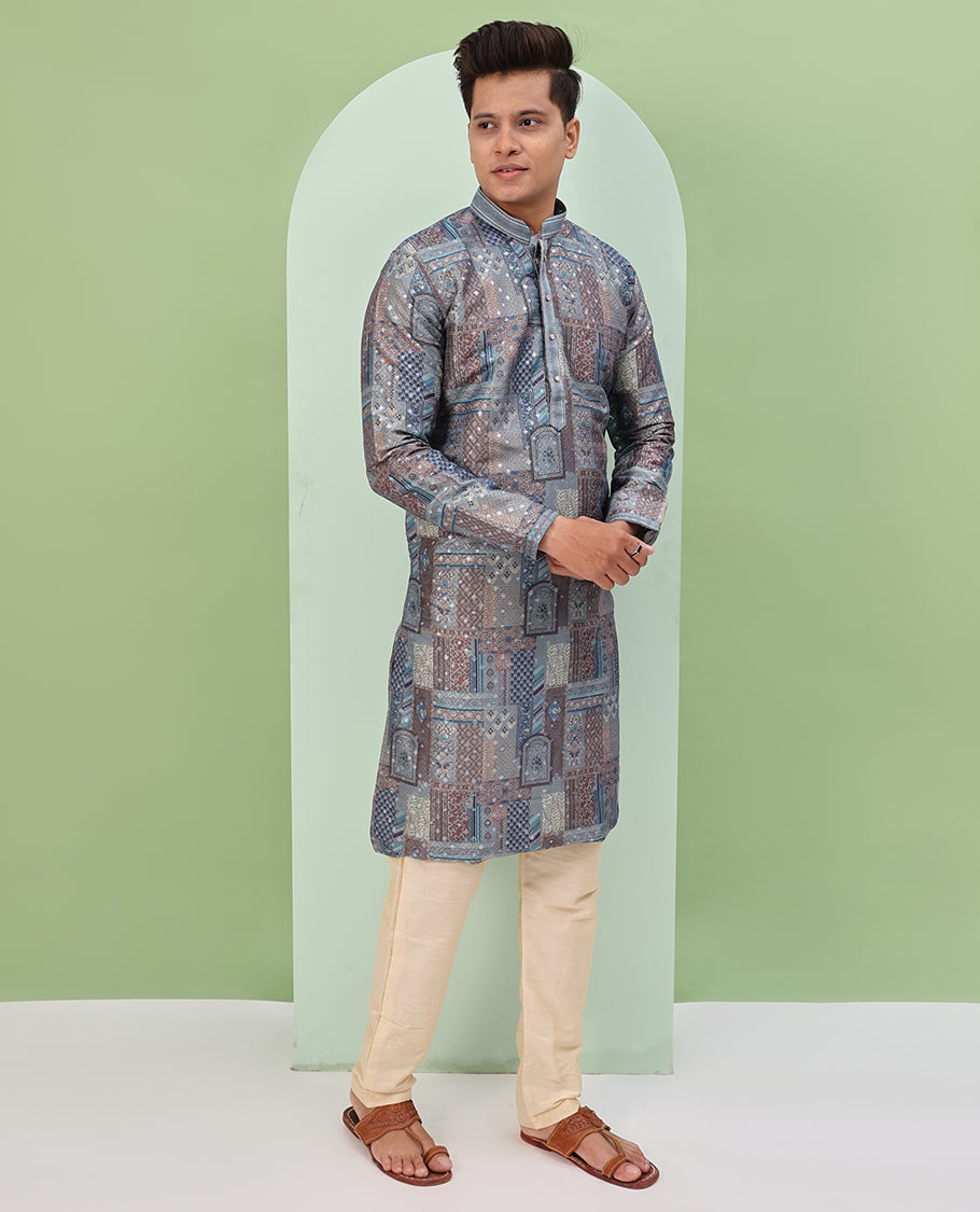 Grey base colorful Mughal-style floral and geometric motifs printed with glitter work full-sleeved readymade kurta