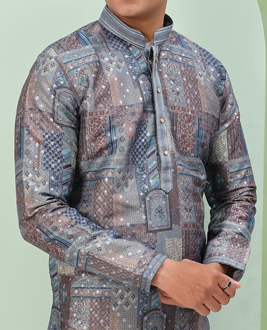Grey base colorful Mughal-style floral and geometric motifs printed with glitter work full-sleeved readymade kurta