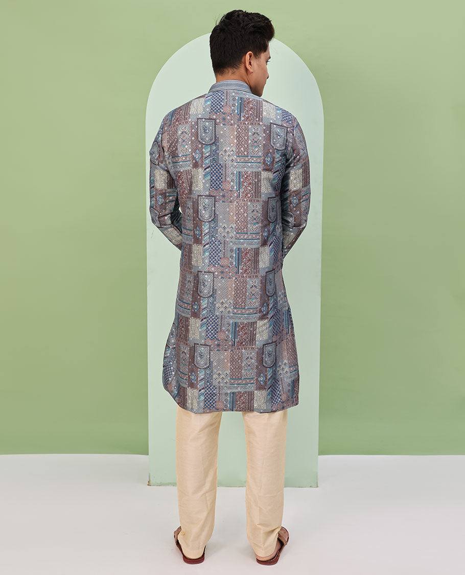 Grey base colorful Mughal-style floral and geometric motifs printed with glitter work full-sleeved readymade kurta