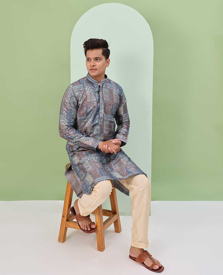 Grey base colorful Mughal-style floral and geometric motifs printed with glitter work full-sleeved readymade kurta