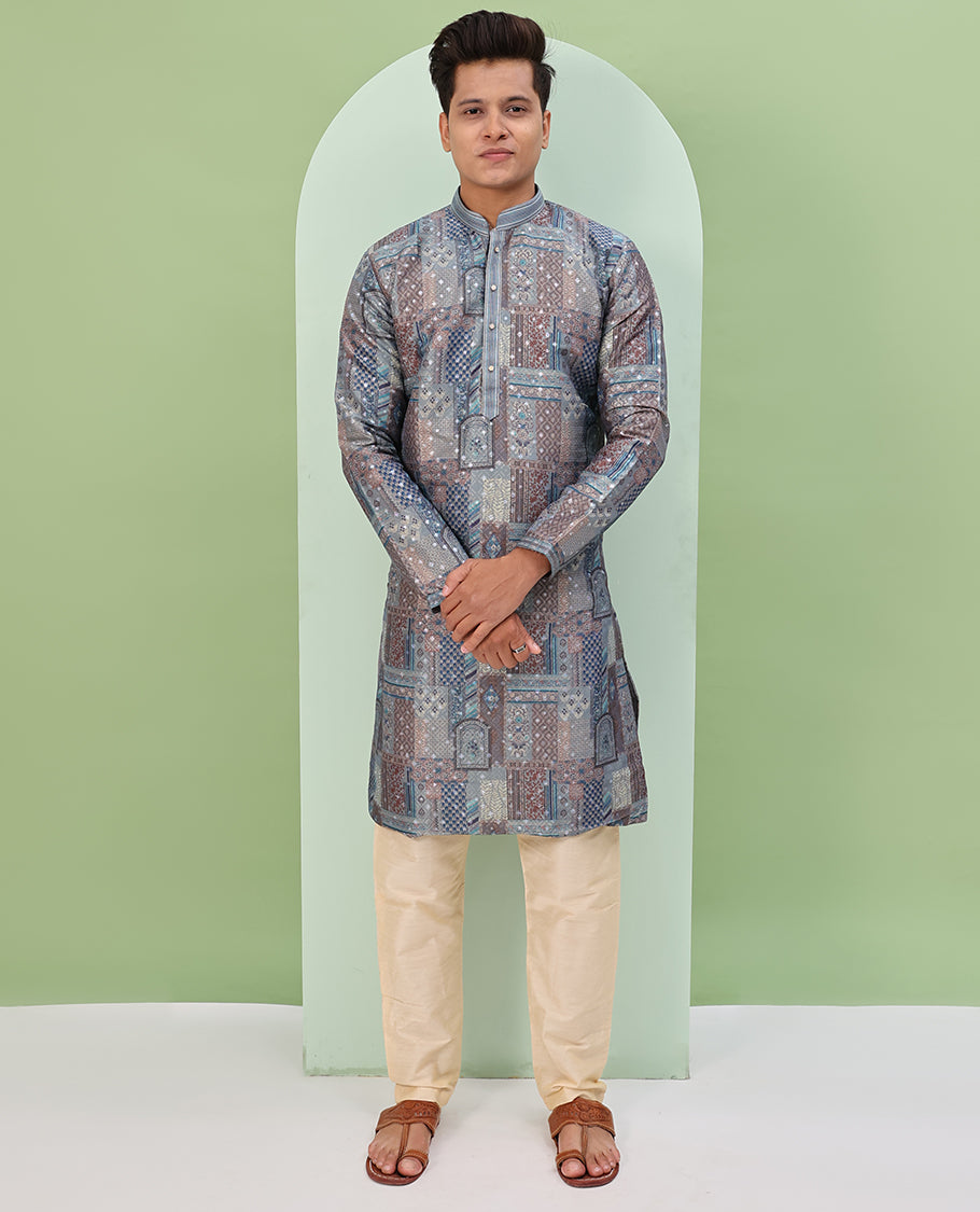 Grey base colorful Mughal-style floral and geometric motifs printed with glitter work full-sleeved readymade kurta