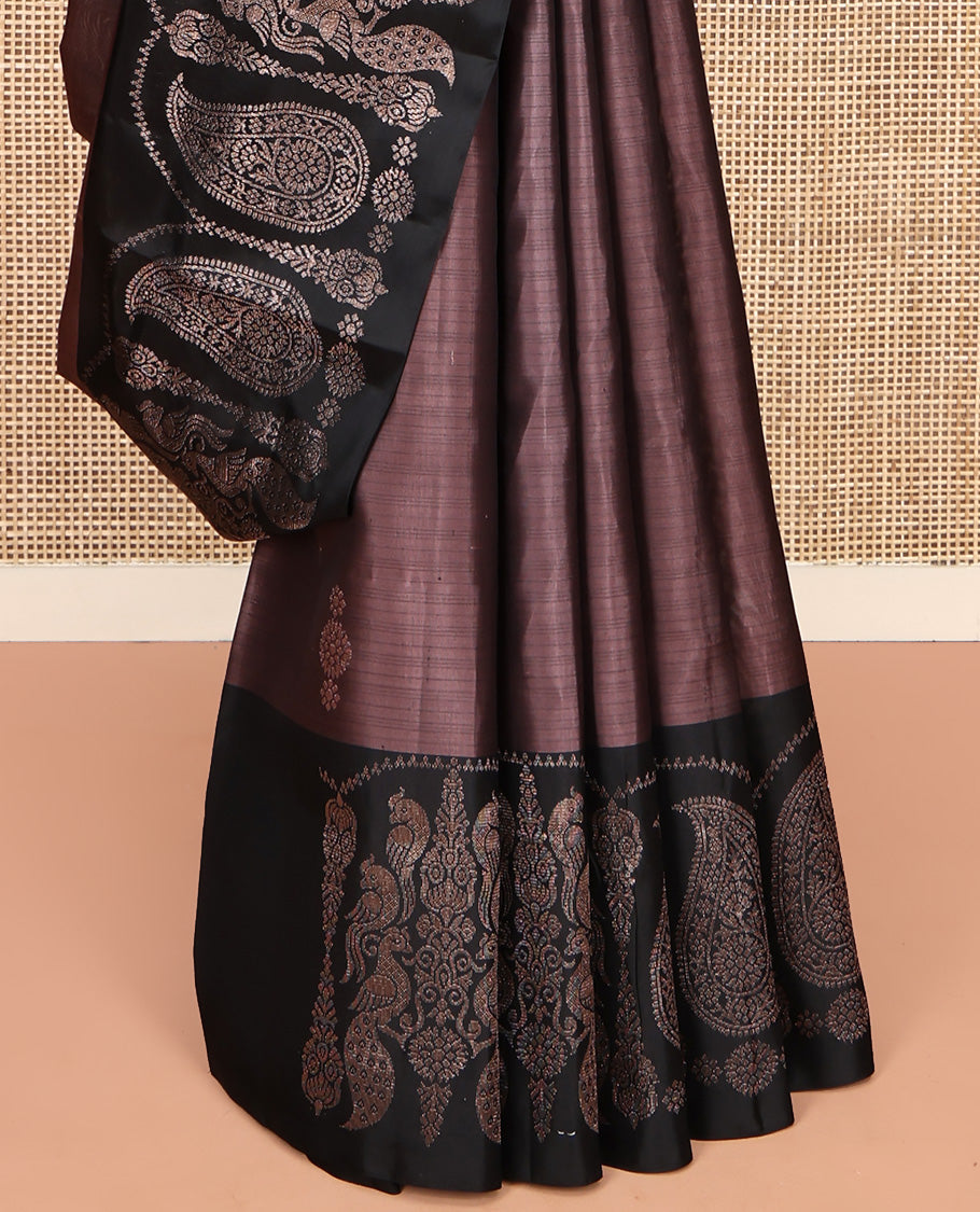 Brown Mayuri Soft Silk Saree, Bedecked with Zari Buttas All Over Its Body, Complemented by Contrast Border of Mayil and Manga Designs, Intricate Pallu and Paired with a Contrast Blouse