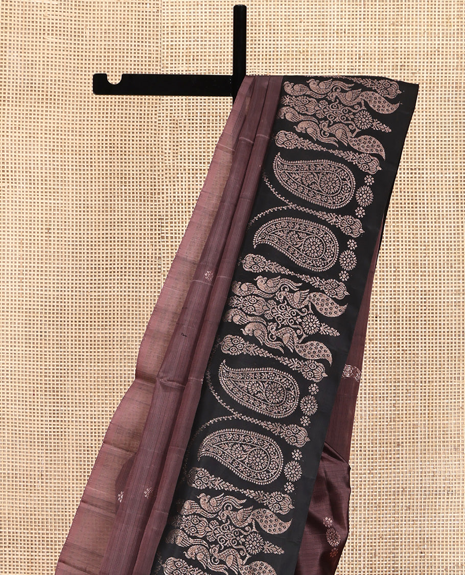 Brown Mayuri Soft Silk Saree, Bedecked with Zari Buttas All Over Its Body, Complemented by Contrast Border of Mayil and Manga Designs, Intricate Pallu and Paired with a Contrast Blouse