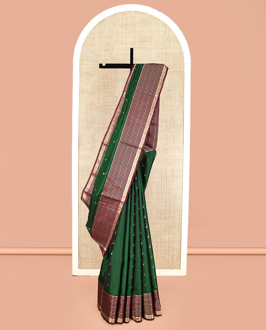 Green Mayuri Lite Silk Mix Saree, Delicately Woven with Muniya Buttas, Contrast Border of Rekku, Kathir, Neli, and Dhavana Kodi, Pallu of Jaal Designs, and Contrast Blouse