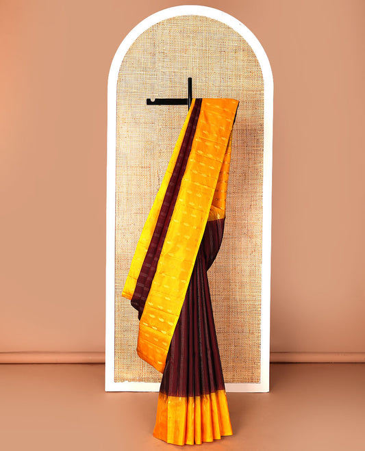 Maroon zari stripes soft silk saree, contrast temple zari buttas border & chevron patterned pallu