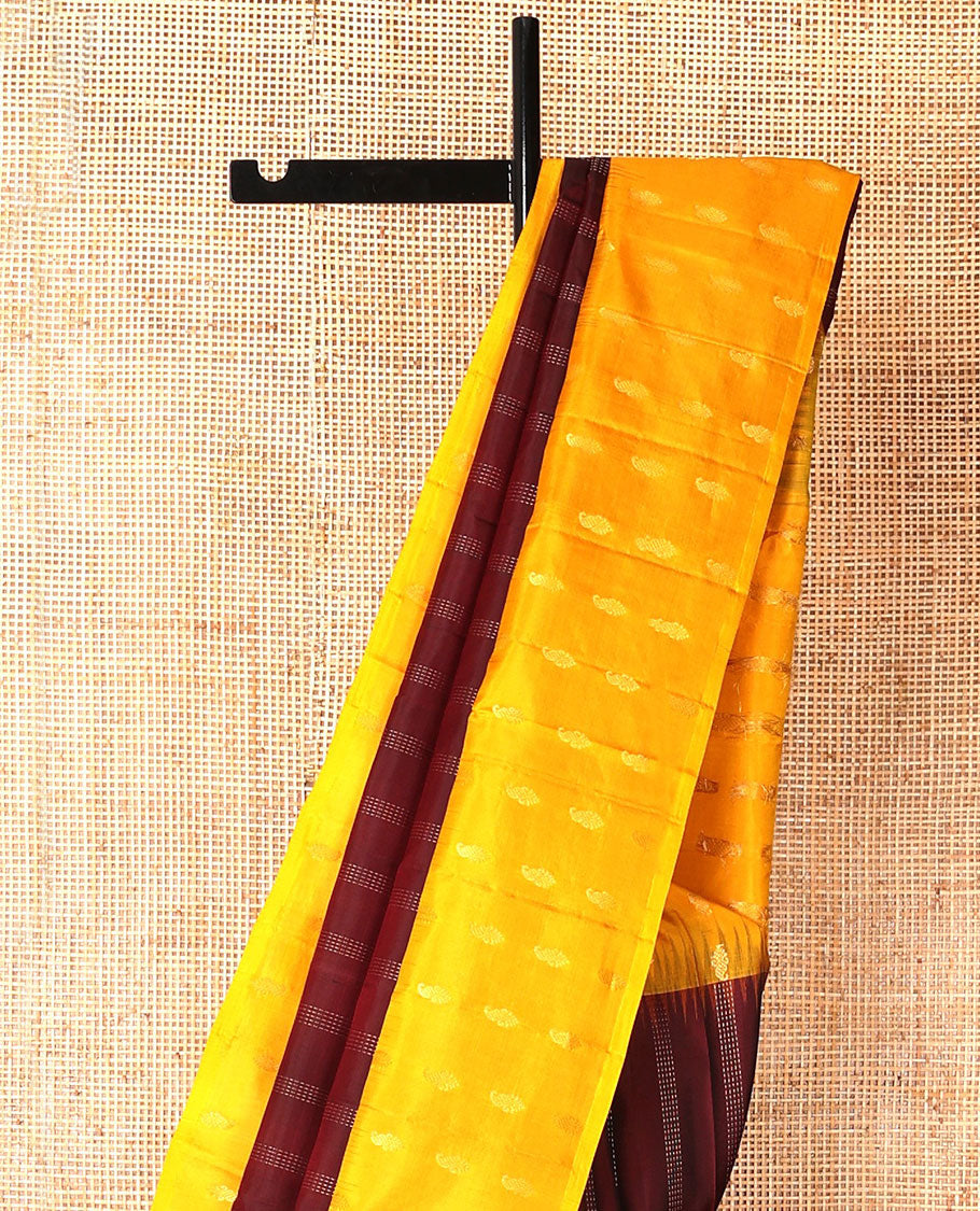 Maroon zari stripes soft silk saree, contrast temple zari buttas border & chevron patterned pallu