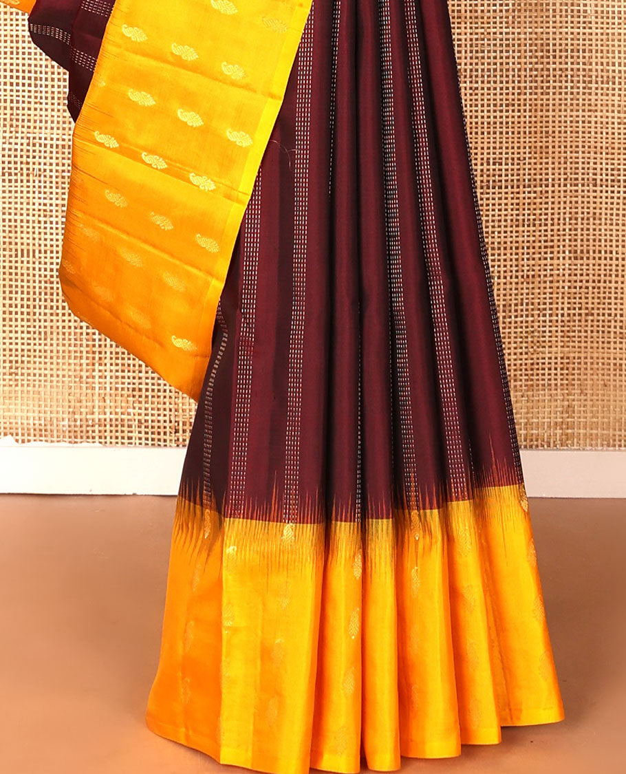 Maroon zari stripes soft silk saree, contrast temple zari buttas border & chevron patterned pallu
