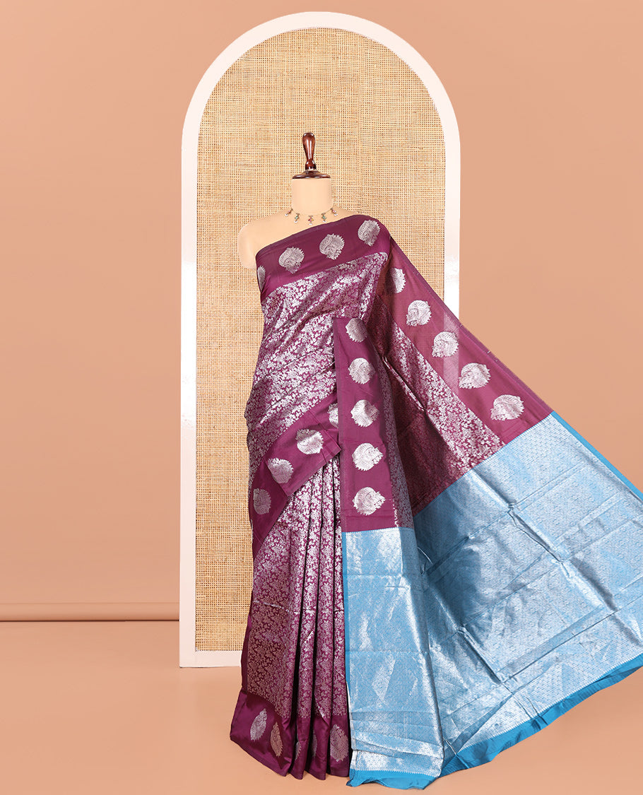 Wine Art Kanchi Silk Saree Features Jacquard Design, a Zari-Motif Border, Contrast Intricate Pallu, and a Contrast Blouse