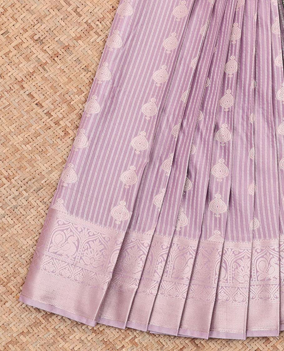 Grey Budget Silk Saree, Steeped with Buttas and Stripes All Over Its Body, Highlighted by Traditional Zari Designs Woven Border, Grand Pallu and Paired with a Contrast Blouse