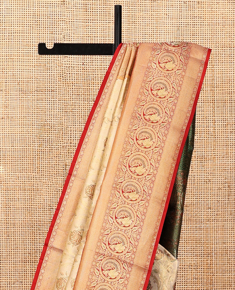 Gold Floral Jacquard Kanchipuram Tissue Silk Saree, a Contrast Border of Rekku, Diamond, and Round Mayil Design, Grand Pallu, and a Contrast Blouse