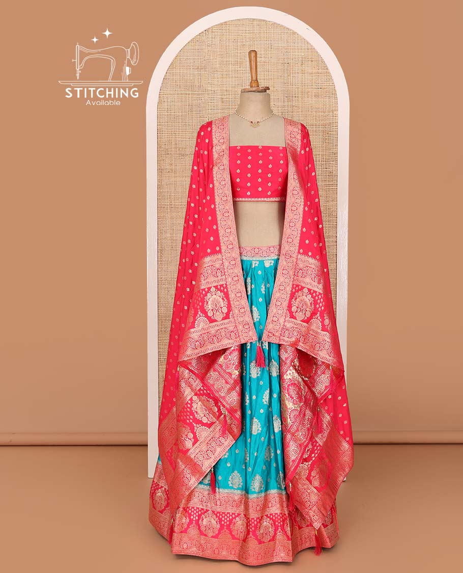 Blue lehenga set, zari buttas with contrast traditional design border skirt, contrast buttas blouse, and banarasi zari design dupatta
