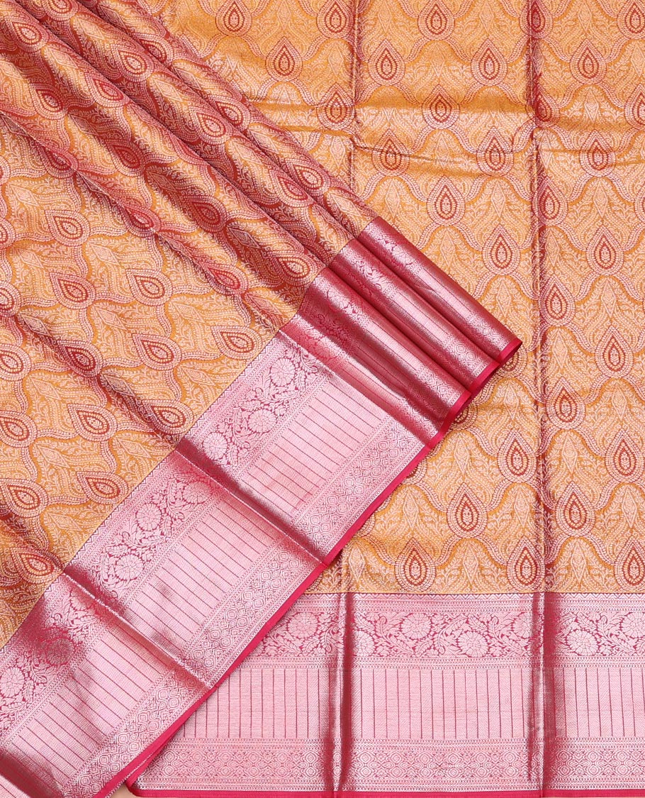 Gold Art Silk Pavadai Material Set Decorated with Jacquard Design on Its Skirt, Complemented by a Contrast Traditional Zari Design Border, and Paired with a Contrast Blouse