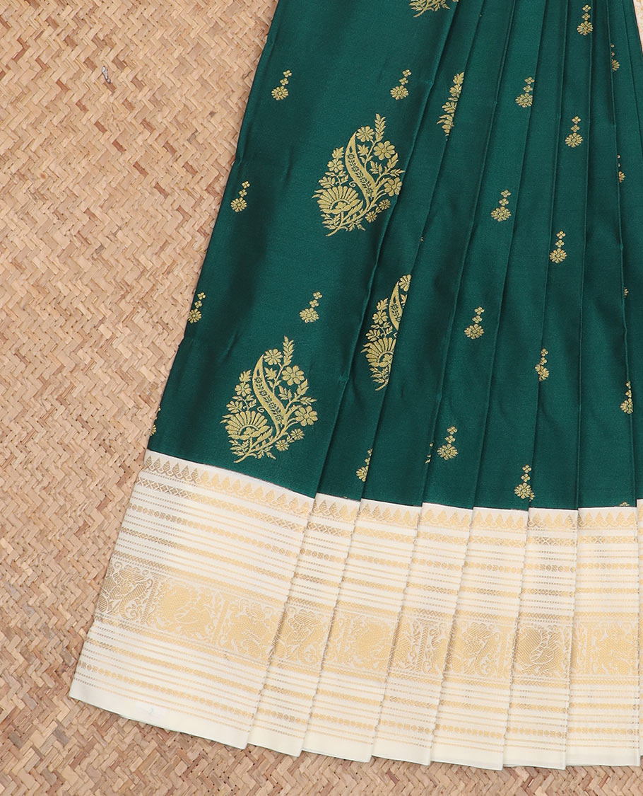 Green zari buttas budget silk saree, contrast traditional zari rettai pettu border, and intricate pallu