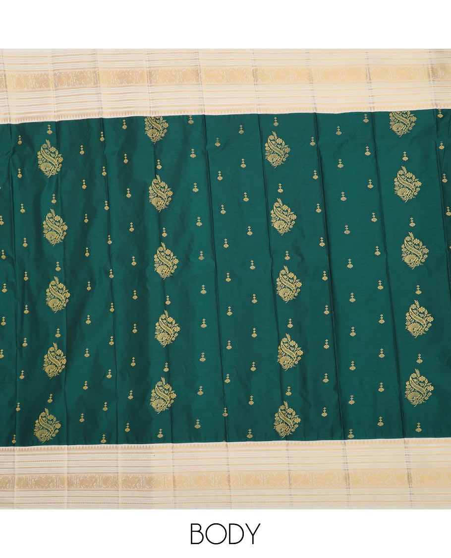 Green zari buttas budget silk saree, contrast traditional zari rettai pettu border, and intricate pallu