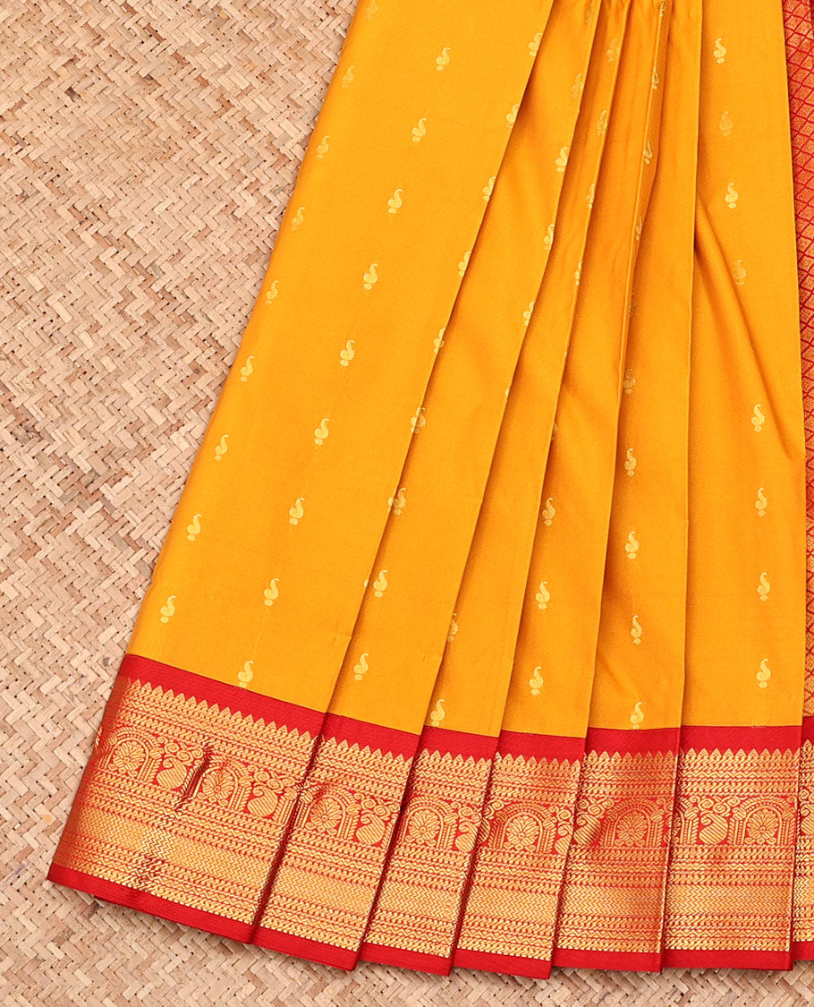 Orange Budget Silk Saree, Crafted with Zari Buttas All Over Its Body, Complemented by a Contrast Traditional Zari Design Border, Grand Jaal Pallu, and Paired with a Contrast Blouse