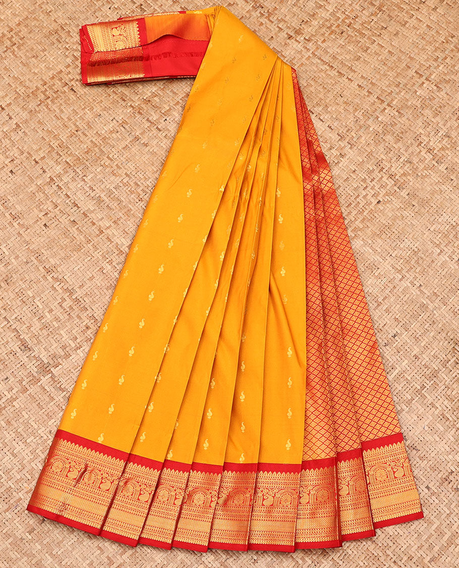 Orange Budget Silk Saree, Crafted with Zari Buttas All Over Its Body, Complemented by a Contrast Traditional Zari Design Border, Grand Jaal Pallu, and Paired with a Contrast Blouse