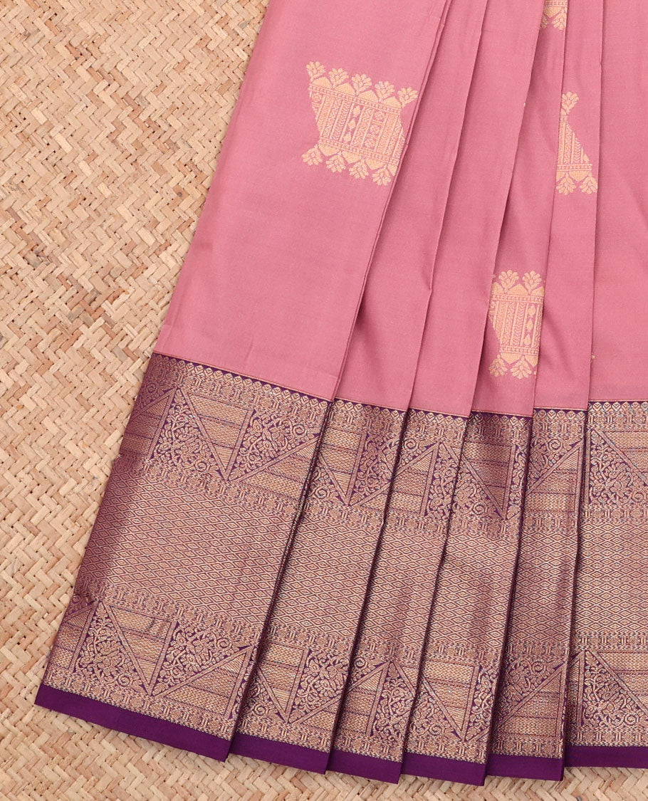 Pink Budget Silk Saree, Gleamed Up with Zari Buttas All Over Its Body, Complemented by a Contrast Traditional Zari Design Border, Grand Jaal Pallu, and Paired with a Contrast Blouse