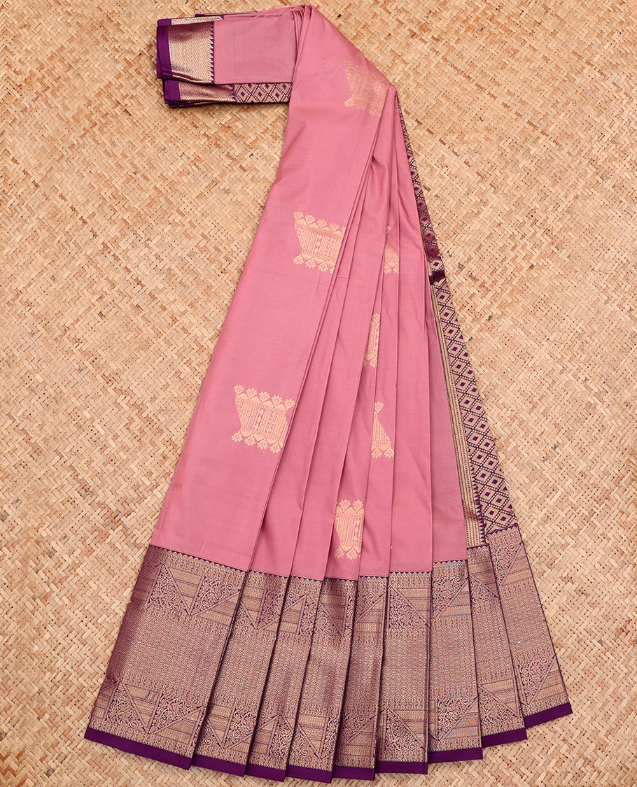 Pink Budget Silk Saree, Gleamed Up with Zari Buttas All Over Its Body, Complemented by a Contrast Traditional Zari Design Border, Grand Jaal Pallu, and Paired with a Contrast Blouse