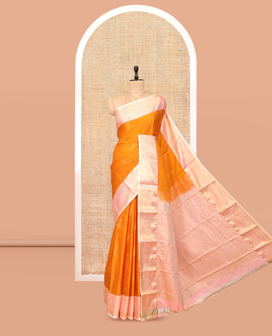 Orange Budget Silk Saree, Woven with Zari Buttas, Complemented by Contrast Traditional Zari Border, Pallu of Jaal Designs, and Contrast Blouse