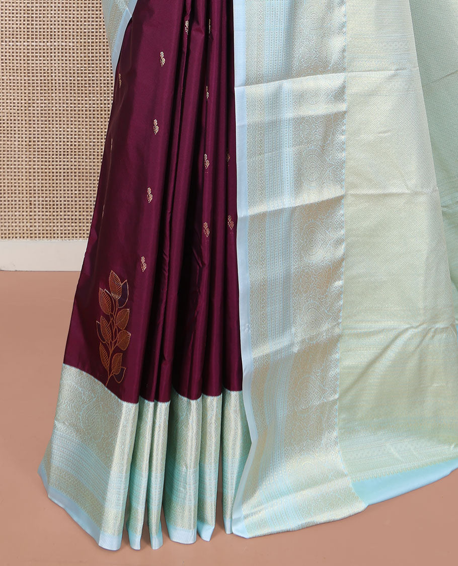 Wine Budget Silk Saree, Embellished with Zari Buttas All Over Its Body, Complemented by a Contrast Traditional Zari Design Border, Sparsely Woven Jaal Pallu, and Paired with a Contrast Blouse