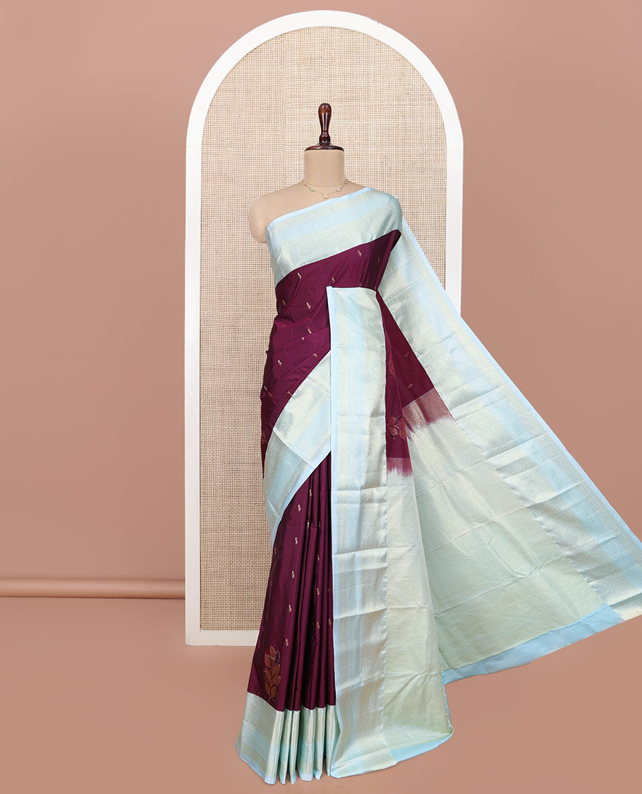 Wine Budget Silk Saree, Embellished with Zari Buttas All Over Its Body, Complemented by a Contrast Traditional Zari Design Border, Sparsely Woven Jaal Pallu, and Paired with a Contrast Blouse