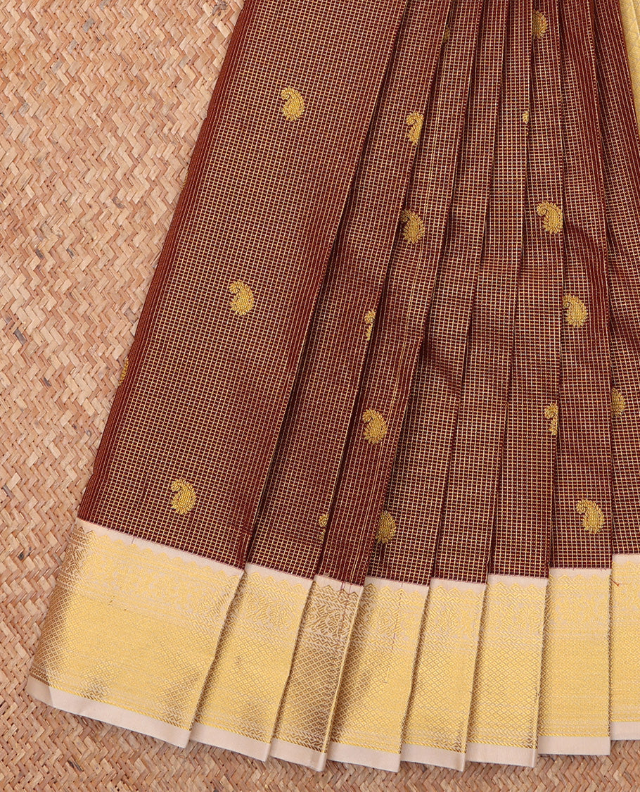 Brown Budget Silk Saree, Prettified with Zari Butta Enclosed Checks On Its Body, Complemented by Contrast Traditional Zari Designs Woven Border, Gleaming Zari Pallu and Paired with a Contrast Blouse