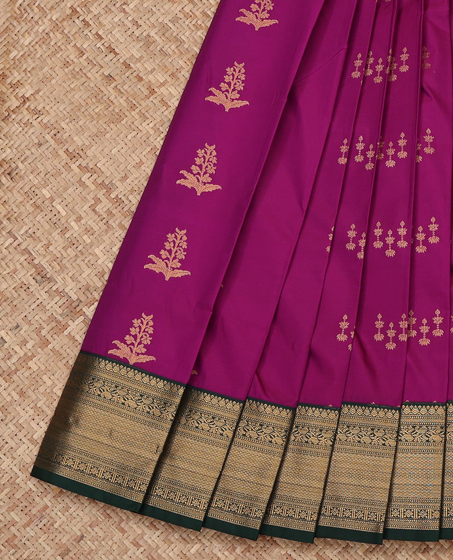 Purple Budget Silk Saree, Embellished with Zari Buttas All Over Its Body, Complemented by a Contrast Traditional Zari Design Border, Grand Jaal Pallu, and Paired with a Contrast Blouse