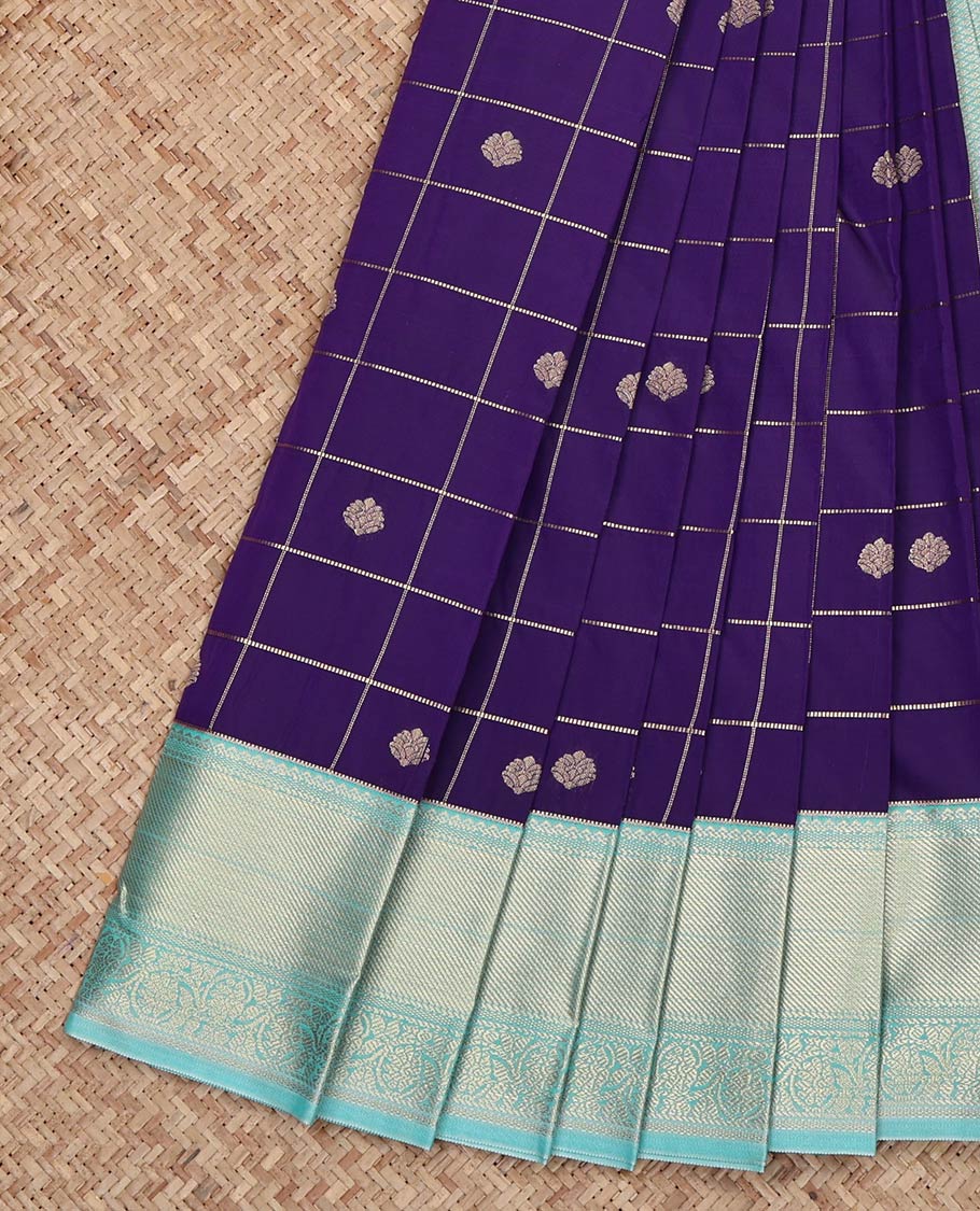 Violet Budget Silk Saree, Featuring Zari Butta Enclosed Checks on Its Body, Complemented by a Contrast Traditional Zari Design Border, Sparsely Woven Pallu, and Paired with a Contrast Blouse