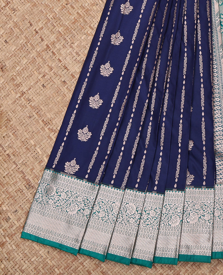 Blue Budget Silk Saree, Majestically Detailed with Zari Designs All Over Its Body, Complemented by a Contrast Traditional Zari Design Border, Grand Pallu, and Paired with a Contrast Blouse