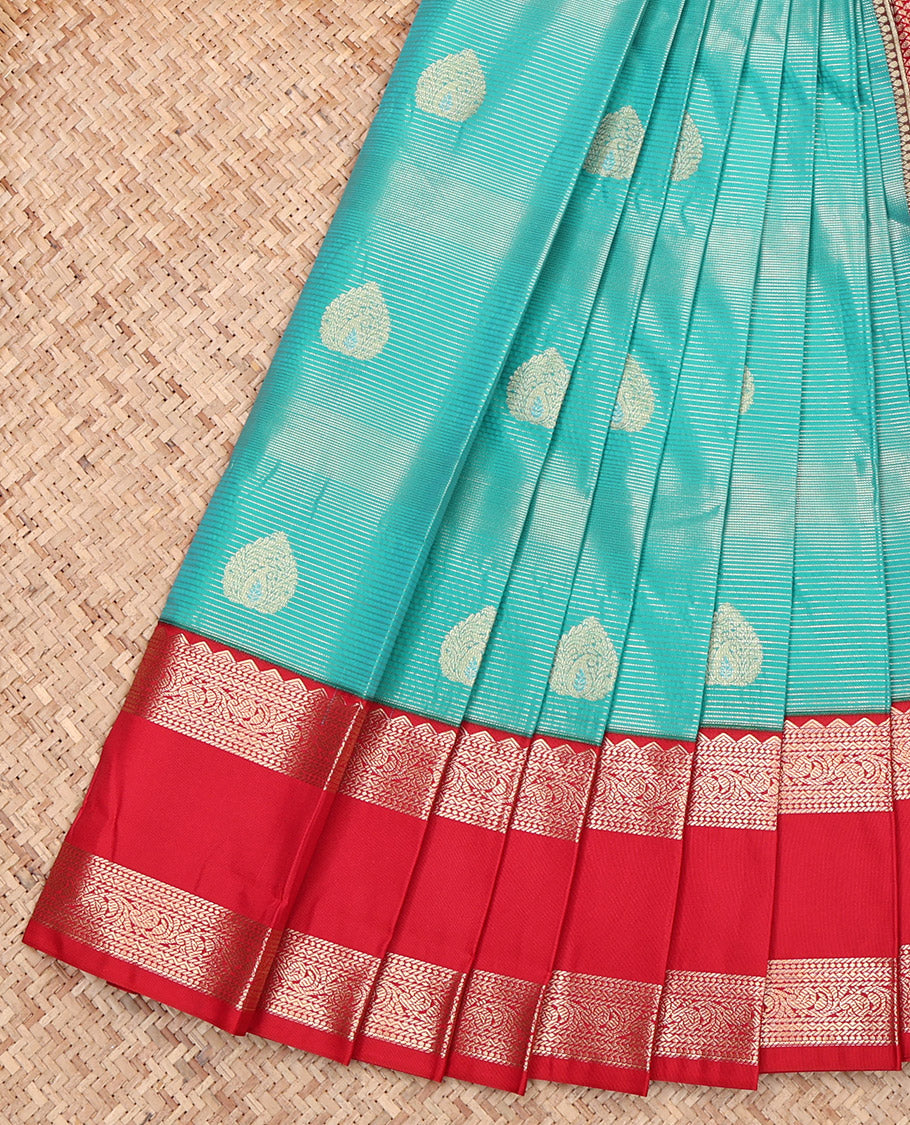 Blue Budget Silk Saree, Bedecked with Zari Buttas and Stripes, Complemented by a Contrast Traditional Zari Design Rettai Pettu Border, Grand Pallu, and a Contrast Blouse