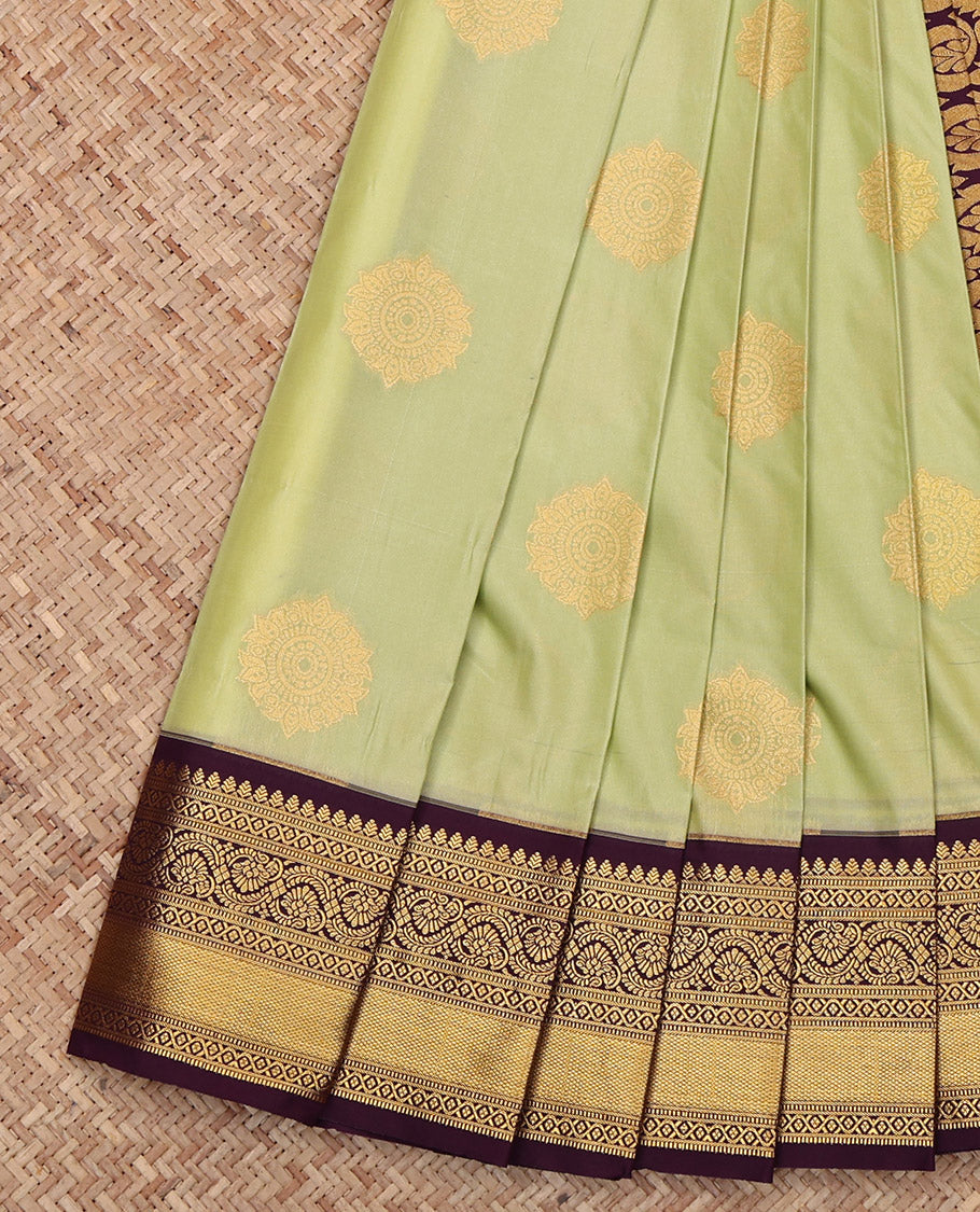 Green Budget Silk Saree, Prettified with Zari Buttas, Complemented by Contrast Traditional Zari Border, Grand Pallu and a Contrast Blouse