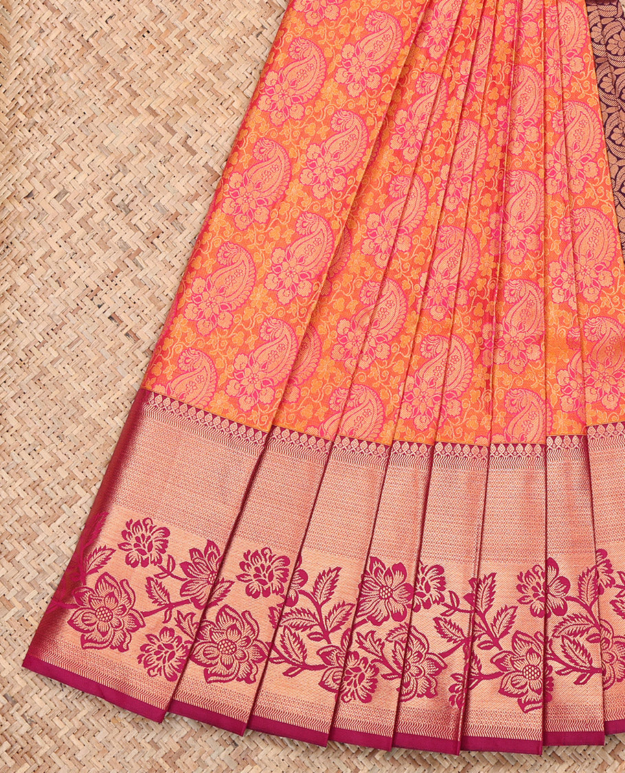 Orange Budget Silk Saree, Elegantly Elevated with Paisley Jacquard Design, Complemented by Contrast Traditional Zari Border, Grand Pallu and a Contrast Blouse