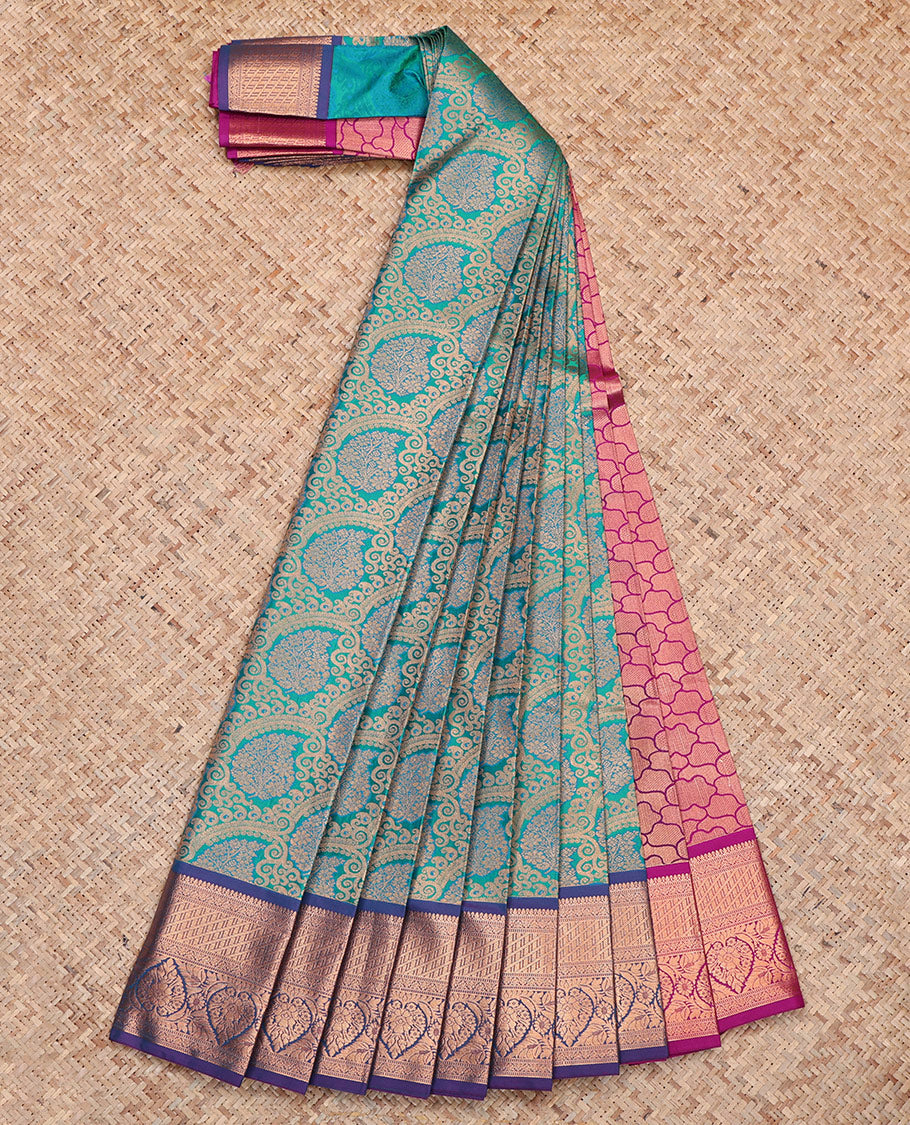 Blue Budget Silk Saree, Opulently Embellished with Jacquard, Complemented by Contrast Traditional Zari Border, Grand Pallu, and a Contrast Blouse