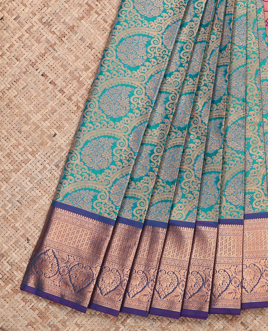 Blue Budget Silk Saree, Opulently Embellished with Jacquard, Complemented by Contrast Traditional Zari Border, Grand Pallu, and a Contrast Blouse