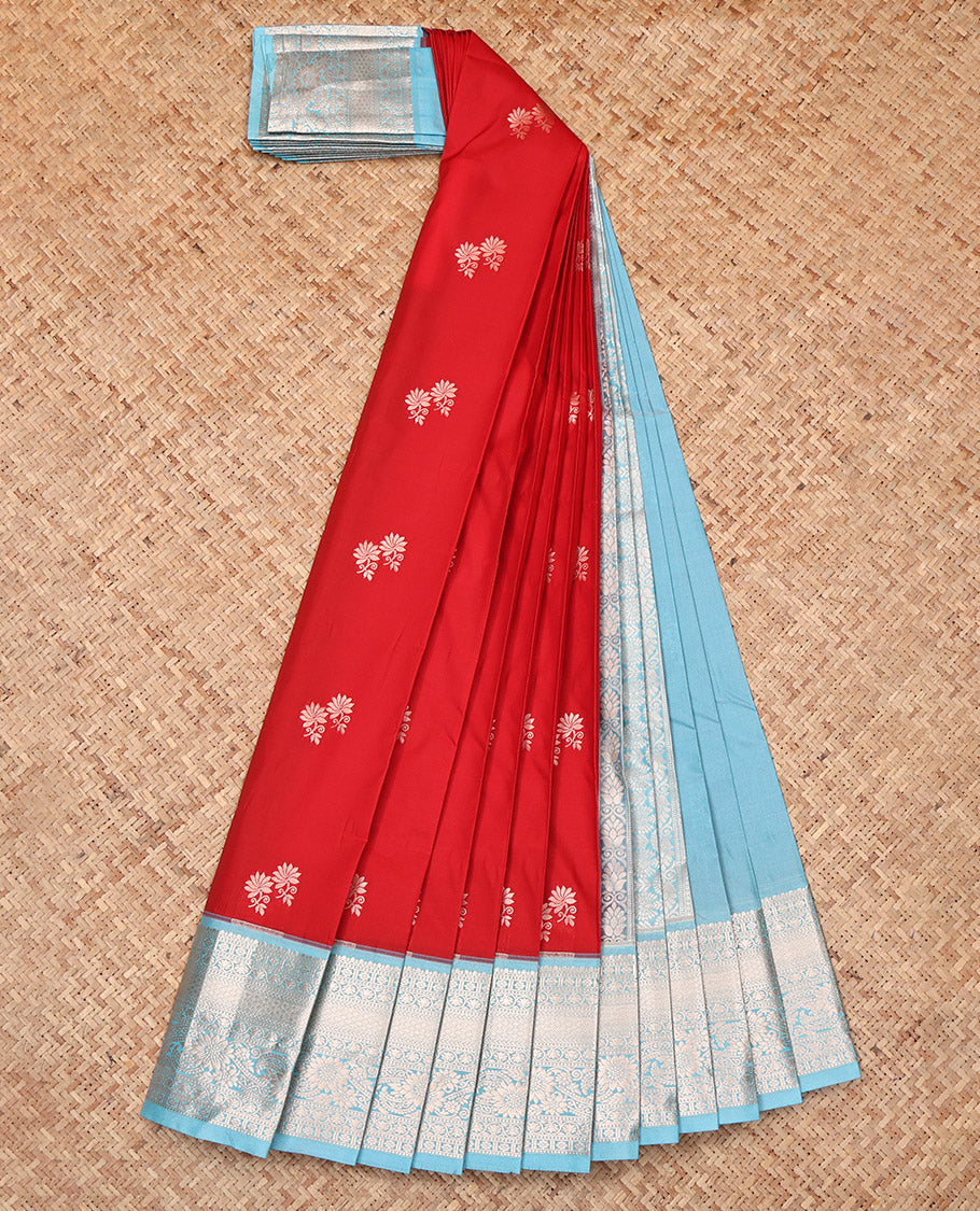 Red Budget Silk Saree, Decorated with Zari Buttas, Complemented by a Contrast Traditional Zari Border, Intricate Pallu, and a Contrast Blouse