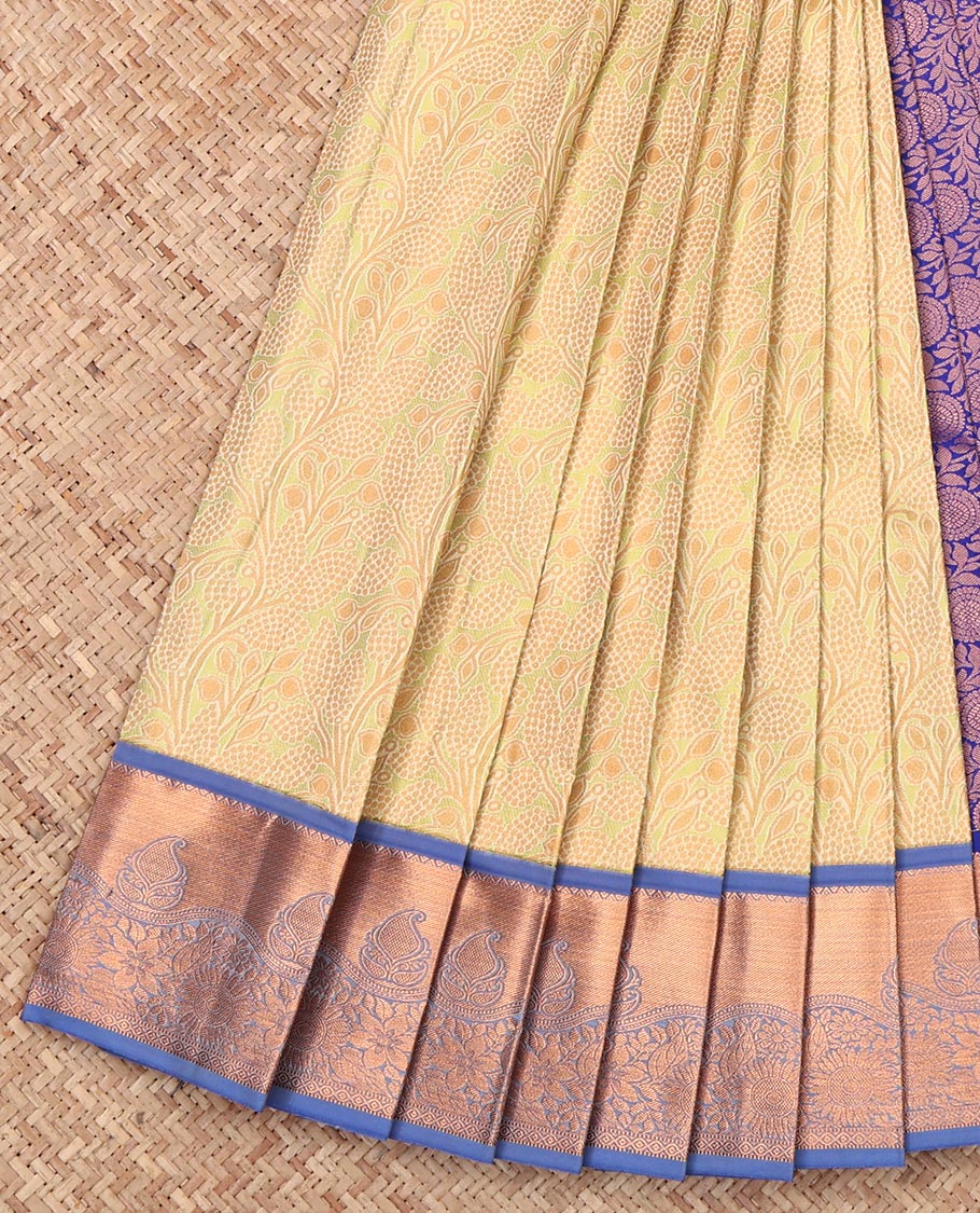Yellow Budget Silk Saree, Gleamed Up with Jacquard Design, Complemented by a Contrast Paisley Zari Border, Grand Pallu, and a Contrast Blouse