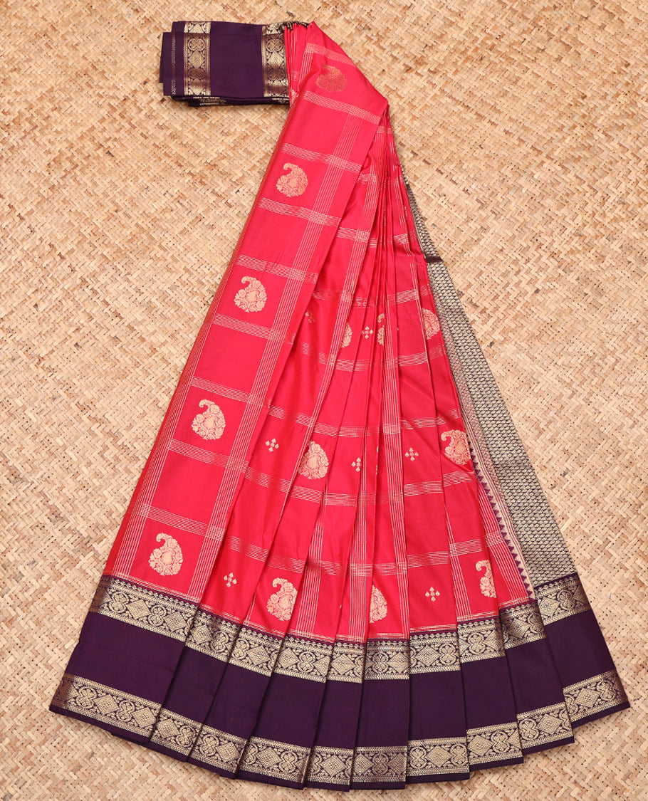 Red Budget Silk Saree, Richly Detailed with Paisley Butta Enclosed Checks, Complemented by a Contrast Traditional Rettai Pettu Border, Grand Pallu, and Contrast Blouse