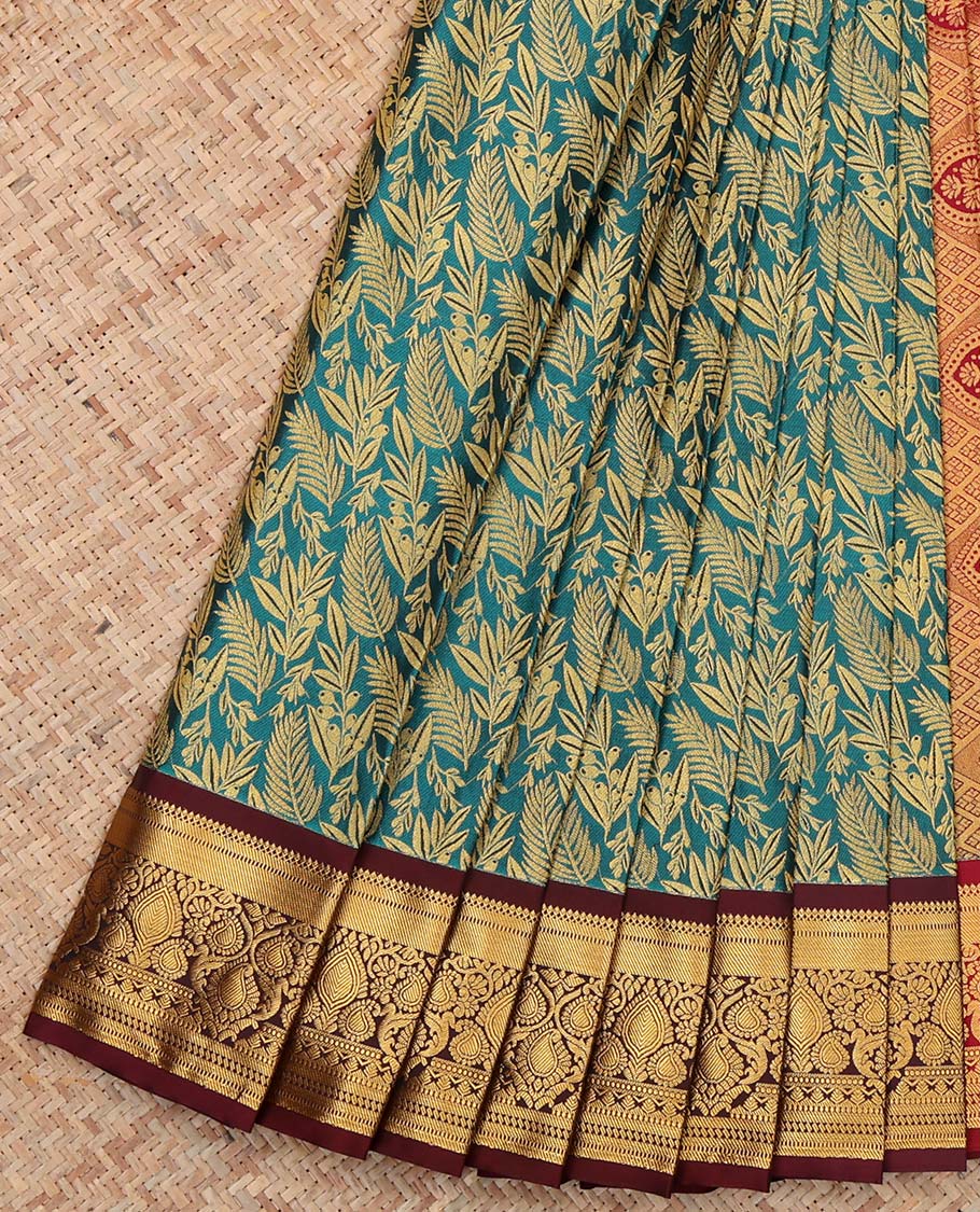 Green Budget Silk Saree, Graced with Floral Jacquard Design, Complemented by Contrast Traditional Zari Border, a Jaal Pallu and a Contrast Blouse