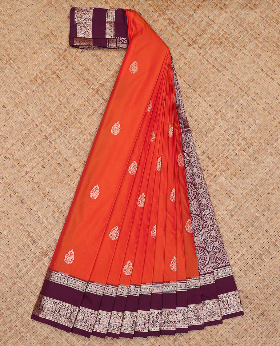Orange Budget Silk Saree, Gleamed Up with Zari Buttas, Complemented by a Contrast Traditional Zari Rettai Pettu Border, Grand Pallu, and a Contrast Blouse