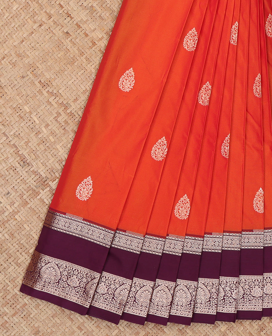 Orange Budget Silk Saree, Gleamed Up with Zari Buttas, Complemented by a Contrast Traditional Zari Rettai Pettu Border, Grand Pallu, and a Contrast Blouse