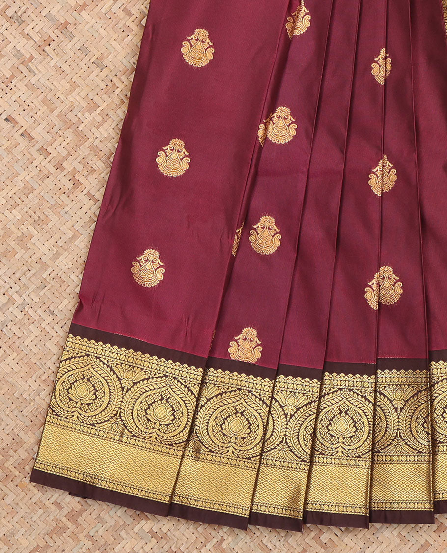Maroon Budget Silk Saree, Ornamented with Zari Buttas, a Contrast Traditional Zari Border, a Grand Pallu and a Contrast Blouse