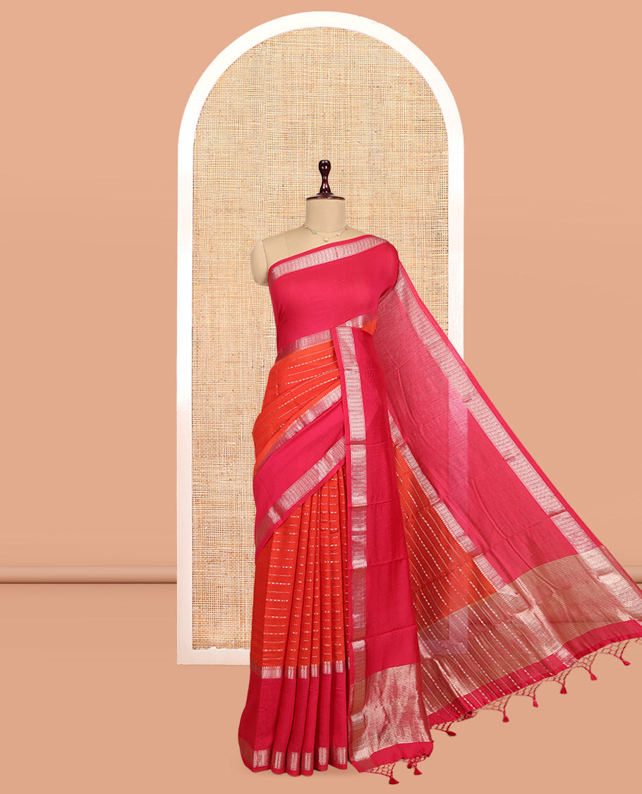 Orange Assam Silk Saree, Decorated with Zari Stripes, Complemented by Contrast Big Traditional Zari Border, Zari Woven Pallu, and Contrast Blouse