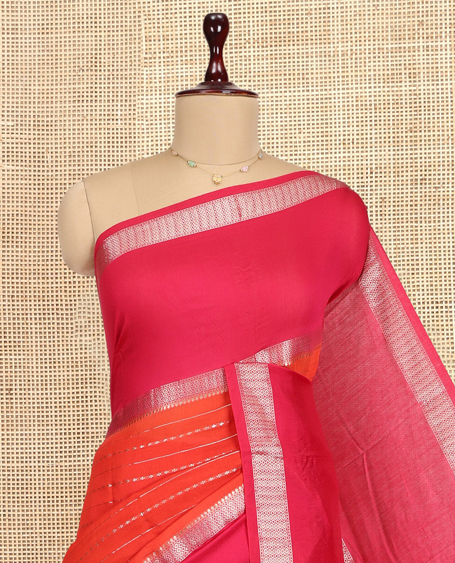 Orange Assam Silk Saree, Decorated with Zari Stripes, Complemented by Contrast Big Traditional Zari Border, Zari Woven Pallu, and Contrast Blouse