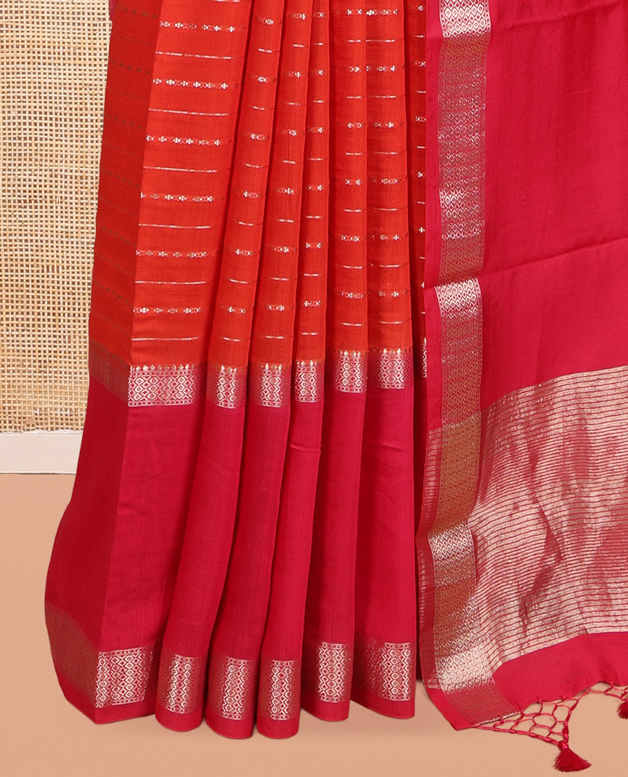Orange Assam Silk Saree, Decorated with Zari Stripes, Complemented by Contrast Big Traditional Zari Border, Zari Woven Pallu, and Contrast Blouse