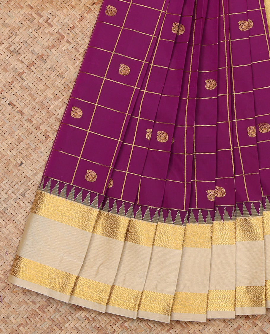 Purple Budget Silk Saree, Woven with Zari Butta Enclosed Checks, a Contrast Traditional Zari Rettai Pettu Temple Border, Grand Pallu, and a Contrast Blouse