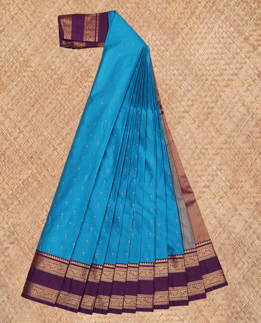 Blue Budget Silk Saree, Embellished with Zari Buttas, a Contrast Traditional Zari Rettai Pettu Border, Grand Pallu, and a Contrast Blouse