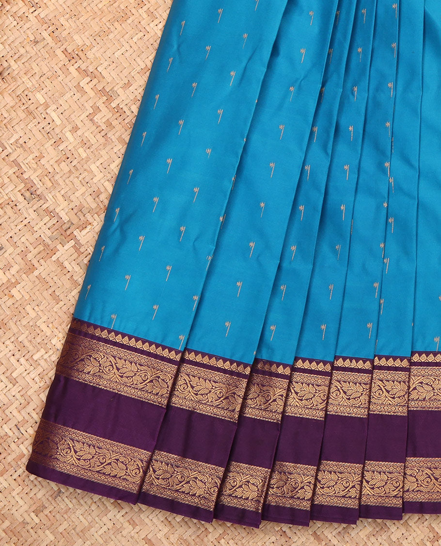 Blue Budget Silk Saree, Embellished with Zari Buttas, a Contrast Traditional Zari Rettai Pettu Border, Grand Pallu, and a Contrast Blouse