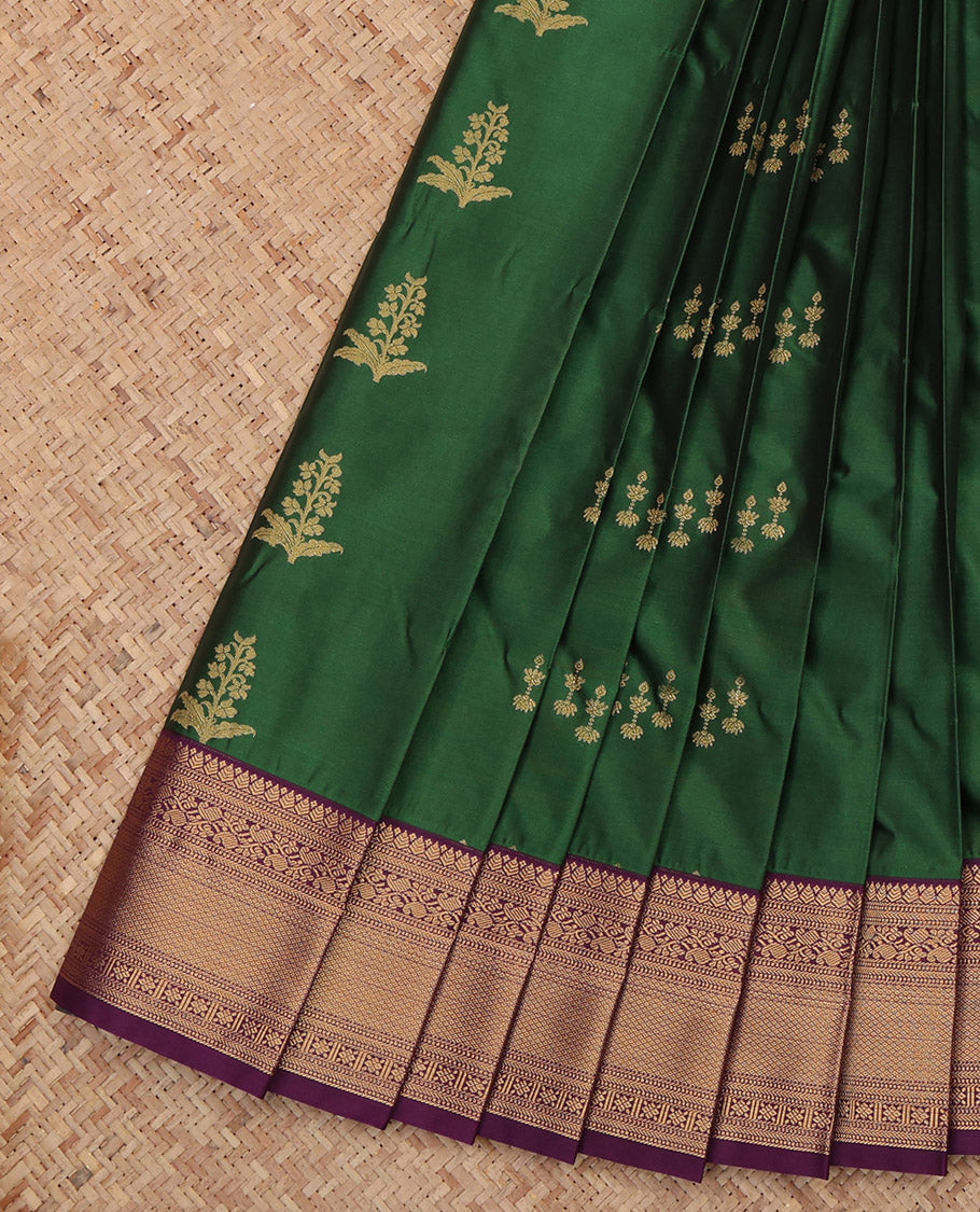 Green Budget Silk Saree, Styled with Zari Buttas, a Contrast Traditional Zari Border, Grand Pallu, and a Contrast Blouse