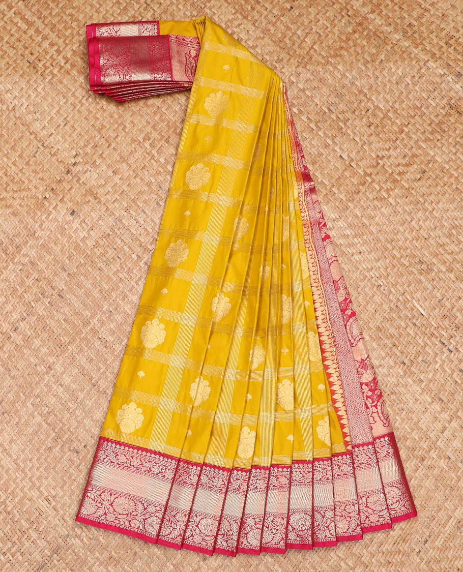 Yellow zari buttas with zari checked design gift saree, contrast traditional zari border, and jaal design pallu